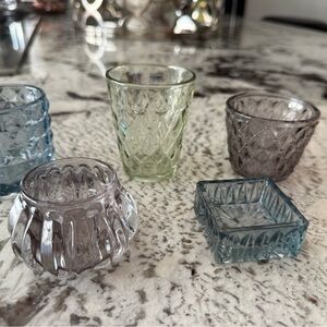 Set of five Elegant Glass Votive Candle Holders Set - Blue, Green, and Gray